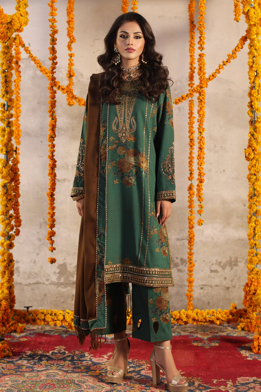 Pehnawa Ethnics Luxe Winter Bliss: 3-Piece Embroidered Unstitched Outfit with Handpicked Wool Shawl