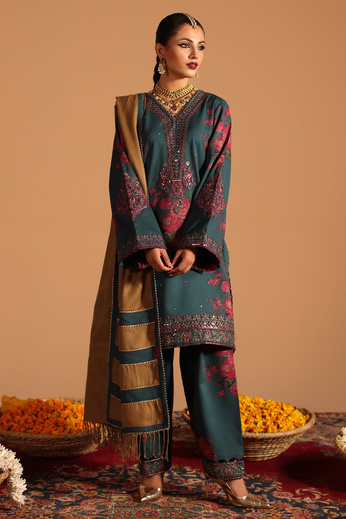 3-PC Unstitched Embroidered Staple Suit with Dyed Wool Shawl