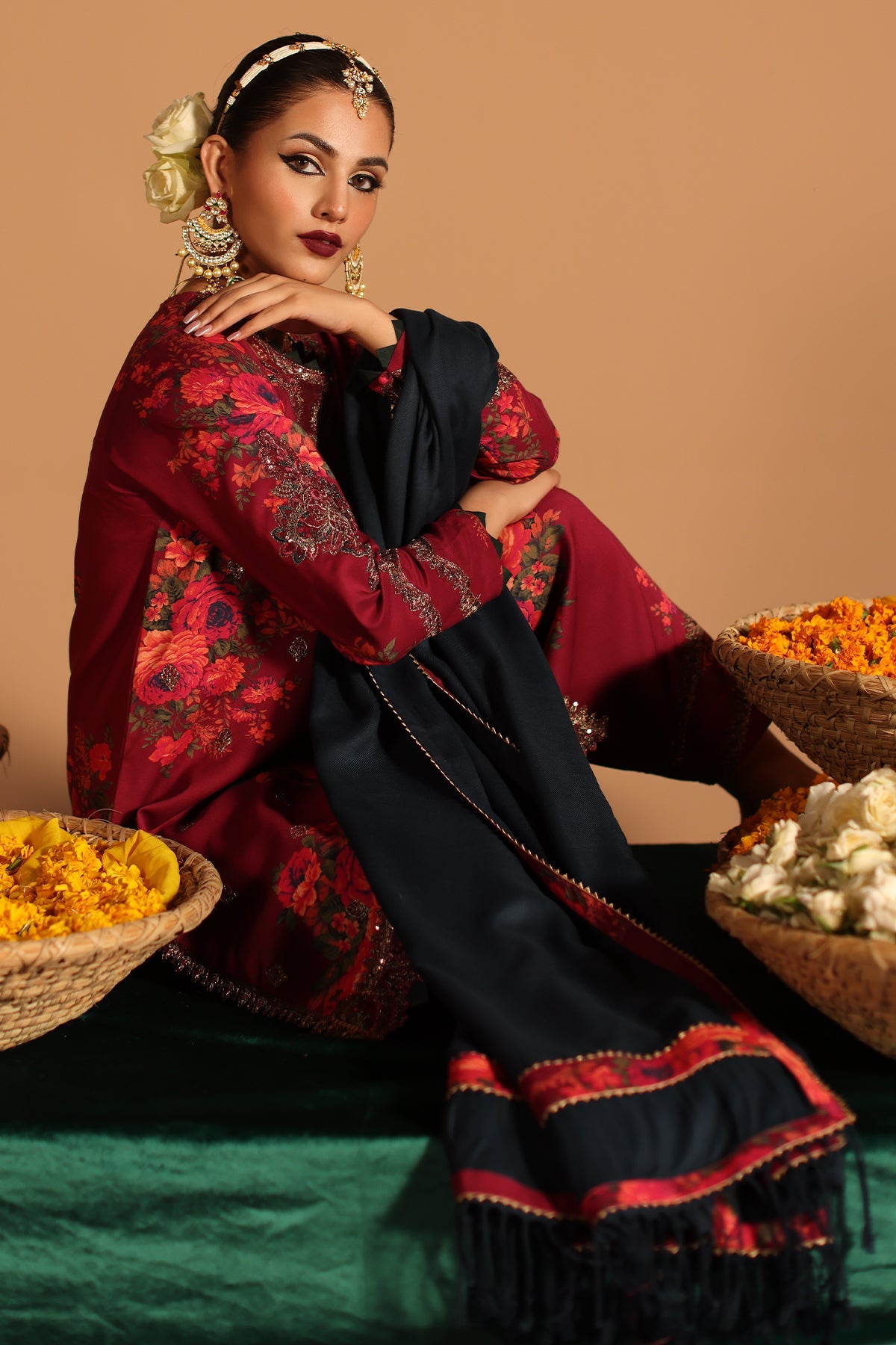 Pehnawa Ethnics 3-Piece Unstitched Embroidered Ensemble with Premium Wool Shawl