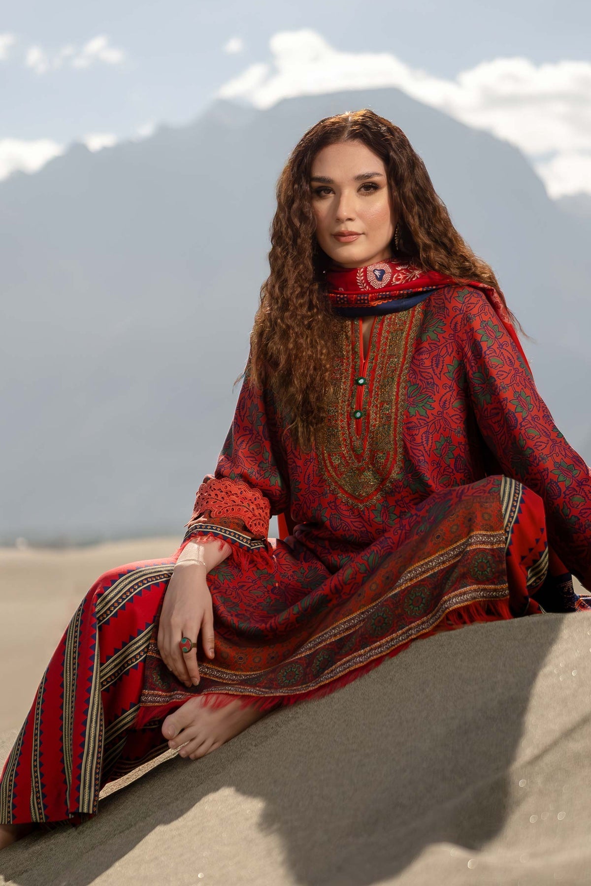 3 Pc Zar-e-Lal Brick Red Ensemble