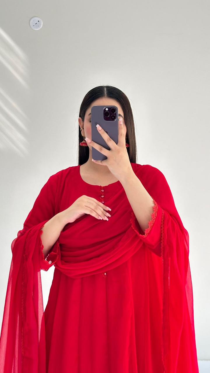 Red Shalwar Kameez With Dupatta 3 piece