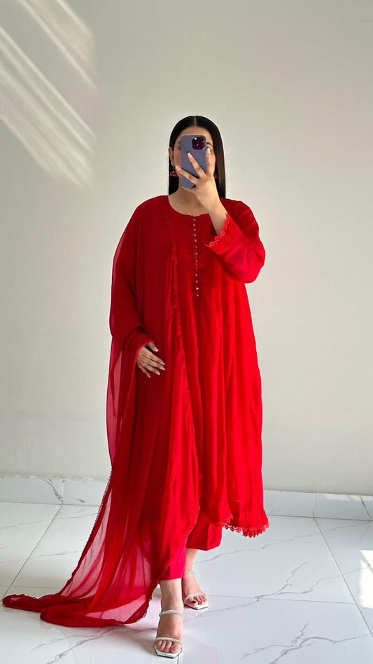 Red Shalwar Kameez With Dupatta 3 piece