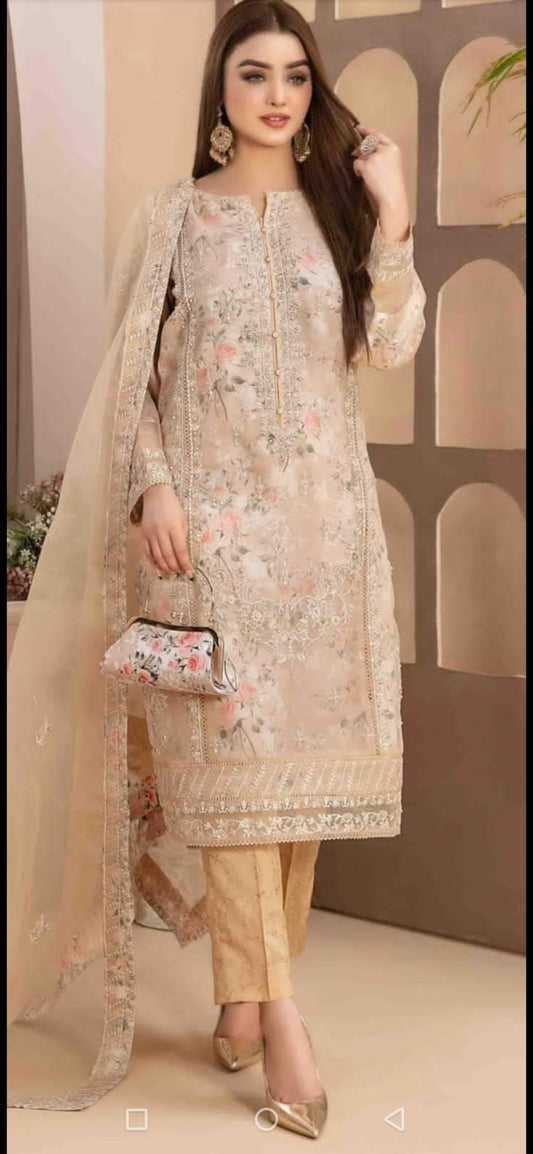 Skin Color Shalwar Kameez with Floral Embroidery