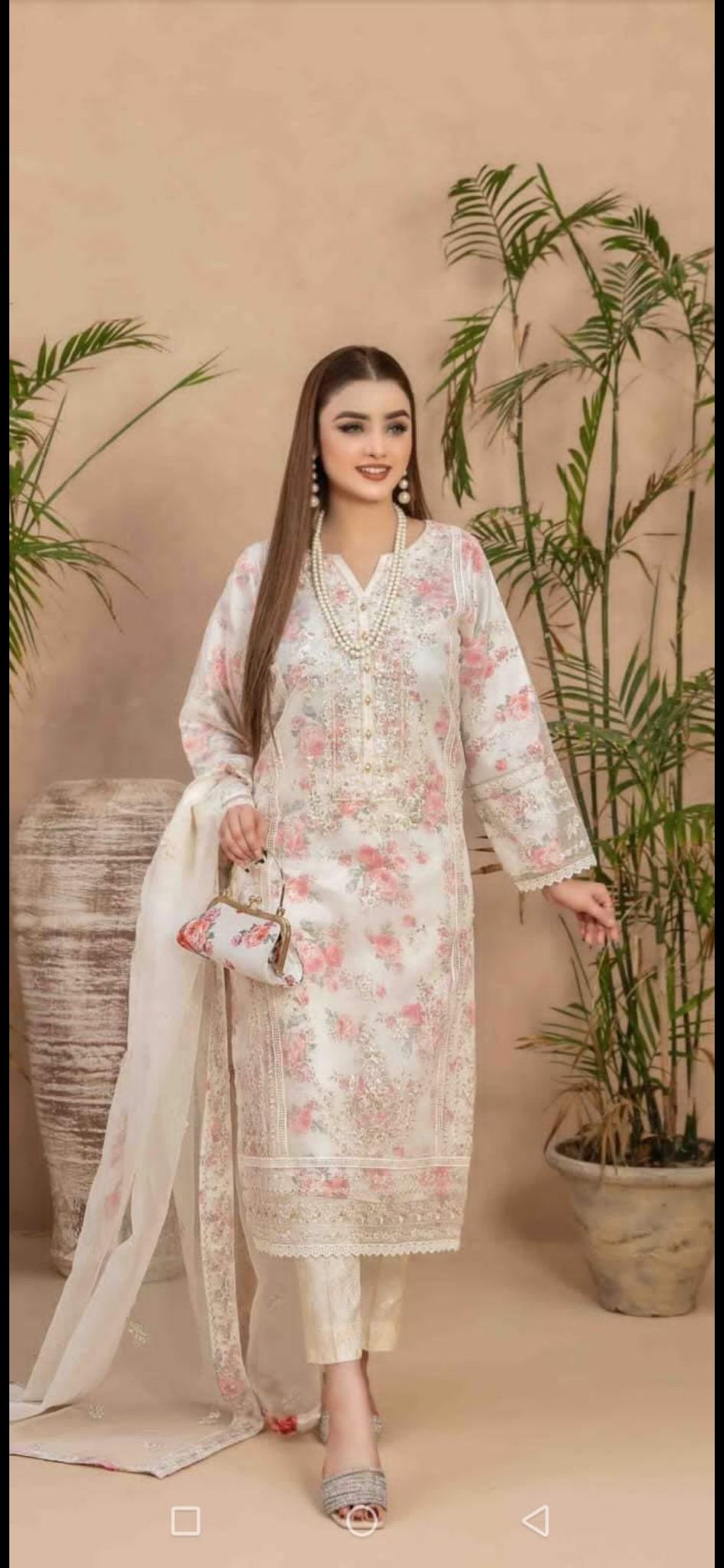 White Shalwar Kameez with Pink Floral Embroidery