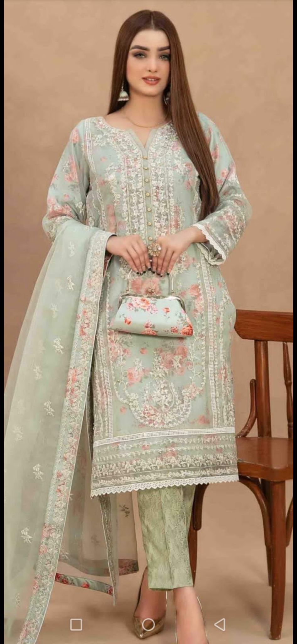 Light Green Shalwar Kameez with Floral Embroidery